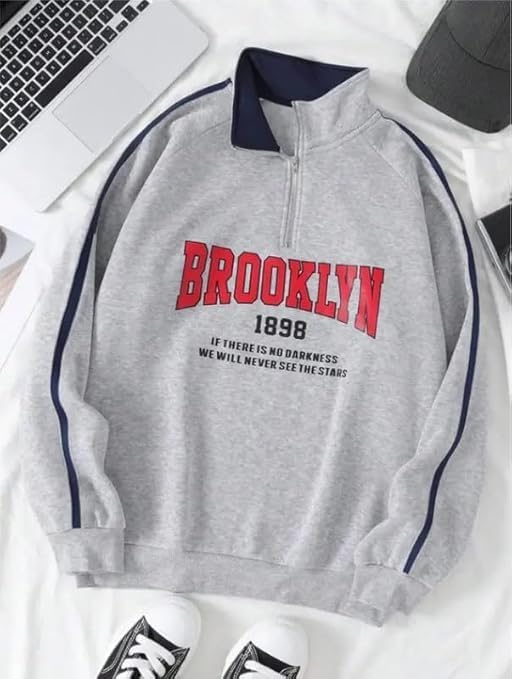 Men's Brooklyn Graphic Quarter-Zip Sweatshirt with White Stripes I Warm Hoodie for Gym, Travel & Casual Winter Wear