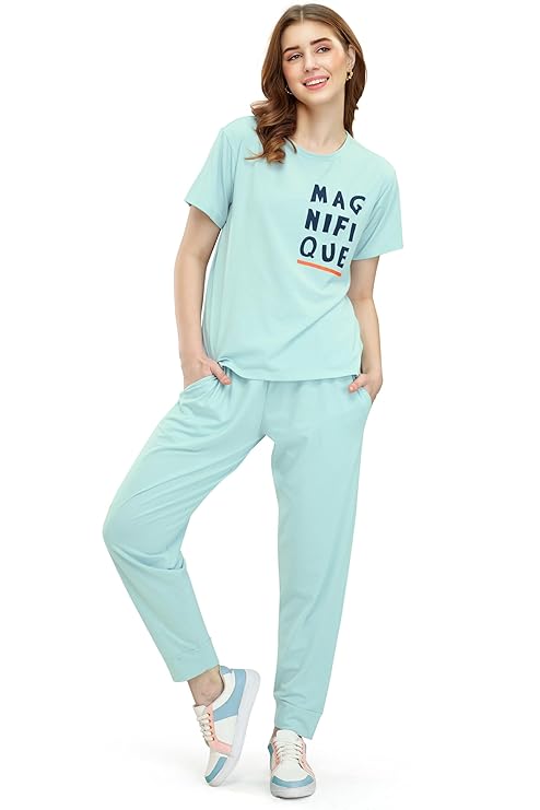 Women's Cotton Typography Printed Night Suit Pajama Set of Top & Joggers