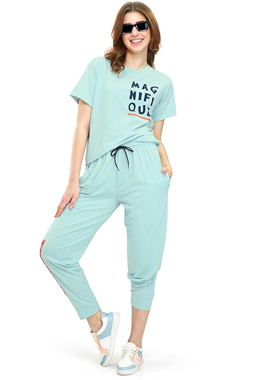 Women's Cotton Typography Printed Night Suit Pajama Set of Top & Joggers
