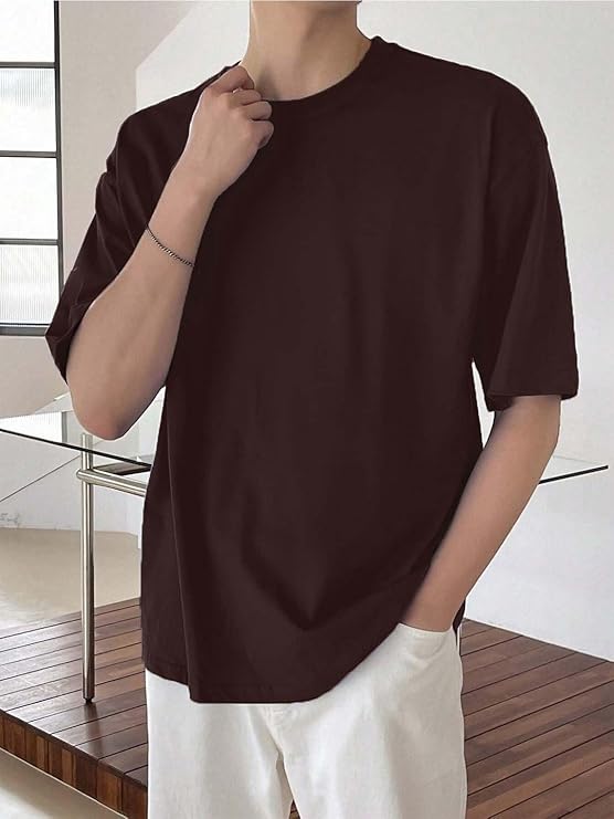 Half Sleeve Oversized Tshirt for Men, Round Neck Cottonblend Drop Shoulder Solid T-Shirt