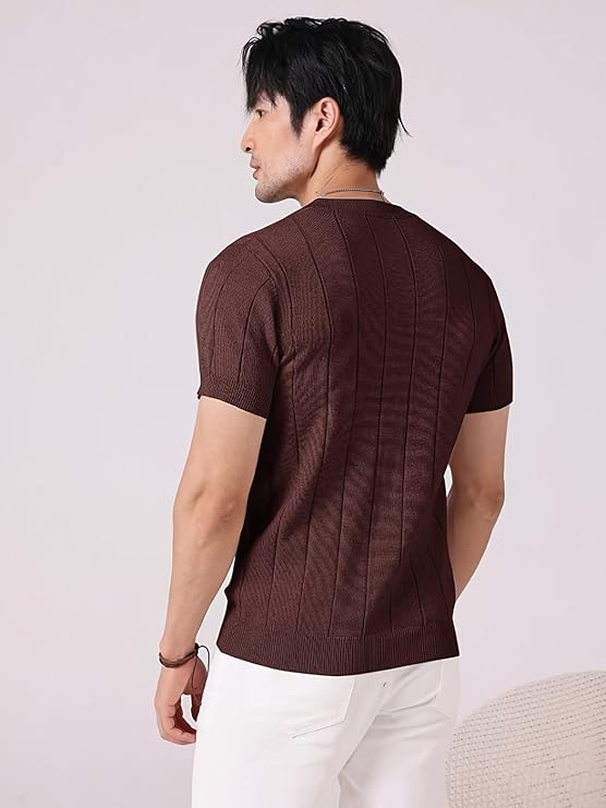 Men's T-Shirt | Textured Vertical Rib Pattern | Premium Soft Knit Fabric | Round Neck | Half Sleeve | Regular Fit Casual T-Shirt