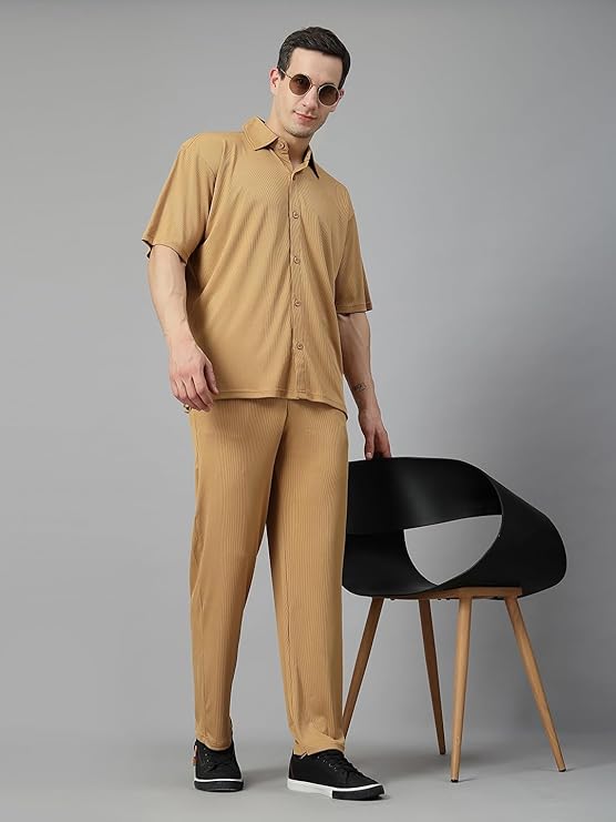 Men Training Suit Solid Polyester Summer Co-Ord Set With Polo Neck