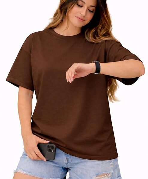 Women's Oversized Spolid Plan T-Shirt, Round Neck, Short Sleeve, Casual Style