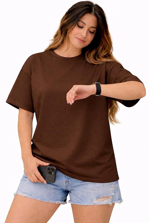 Women's Oversized Spolid Plan T-Shirt, Round Neck, Short Sleeve, Casual Style