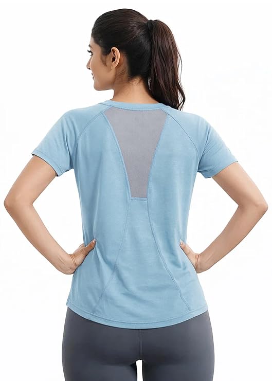 Women’s Gym T-Shirt with Mesh Back Panel | Soft Stretchable Half Sleeve Workout Top | Breathable Yoga Running Activewear Tee
