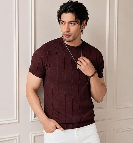 Men's T-Shirt | Textured Vertical Rib Pattern | Premium Soft Knit Fabric | Round Neck | Half Sleeve | Regular Fit Casual T-Shirt