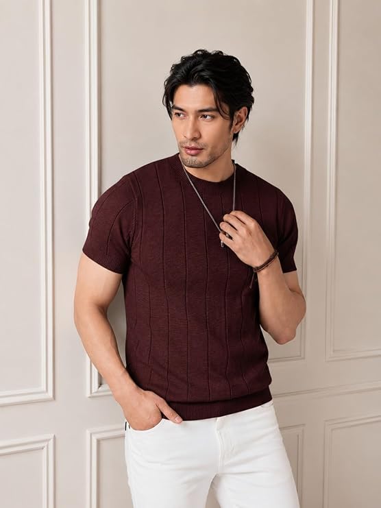 Men's T-Shirt | Textured Vertical Rib Pattern | Premium Soft Knit Fabric | Round Neck | Half Sleeve | Regular Fit Casual T-Shirt