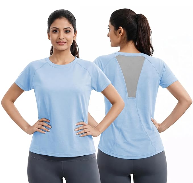 Women’s Gym T-Shirt with Mesh Back Panel | Soft Stretchable Half Sleeve Workout Top | Breathable Yoga Running Activewear Tee