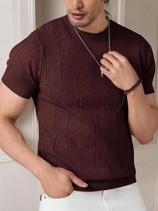Men's T-Shirt | Textured Vertical Rib Pattern | Premium Soft Knit Fabric | Round Neck | Half Sleeve | Regular Fit Casual T-Shirt