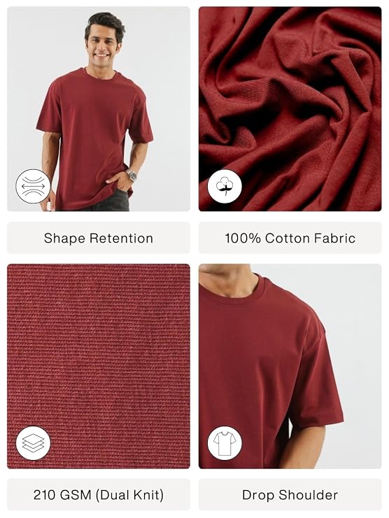 Men's Oversized Cotton T-Shirt | 210 GSM Heavyweight Fabric | Drop Shoulder | Dual Knit | Comfortable Casual Wear | Solid Colors
