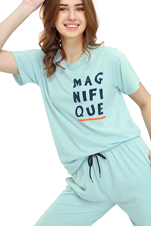 Women's Cotton Typography Printed Night Suit Pajama Set of Top & Joggers