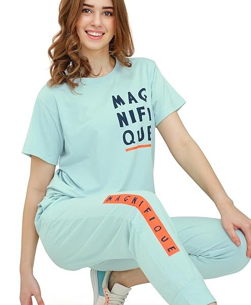 Women's Cotton Typography Printed Night Suit Pajama Set of Top & Joggers