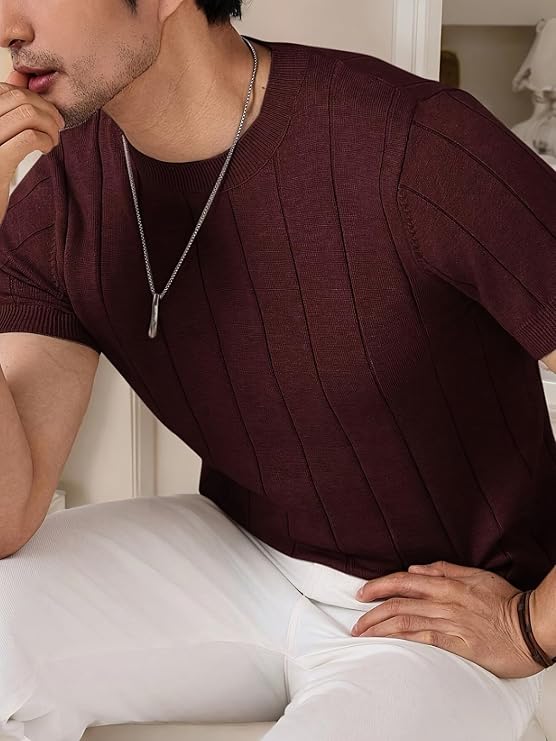 Men's T-Shirt | Textured Vertical Rib Pattern | Premium Soft Knit Fabric | Round Neck | Half Sleeve | Regular Fit Casual T-Shirt