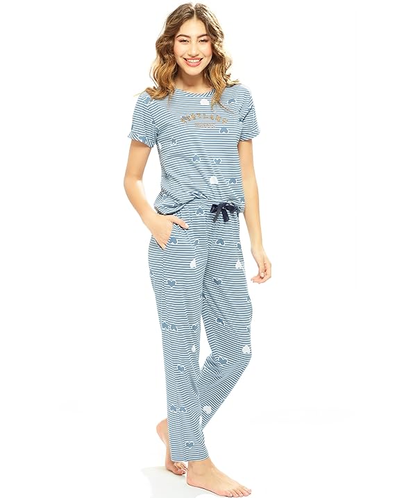 Women's Cotton Strip & Heart Printed Top & Payjama Half Sleeve Night Suit Set