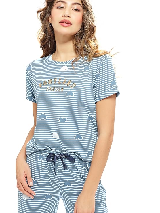 Women's Cotton Strip & Heart Printed Top & Payjama Half Sleeve Night Suit Set