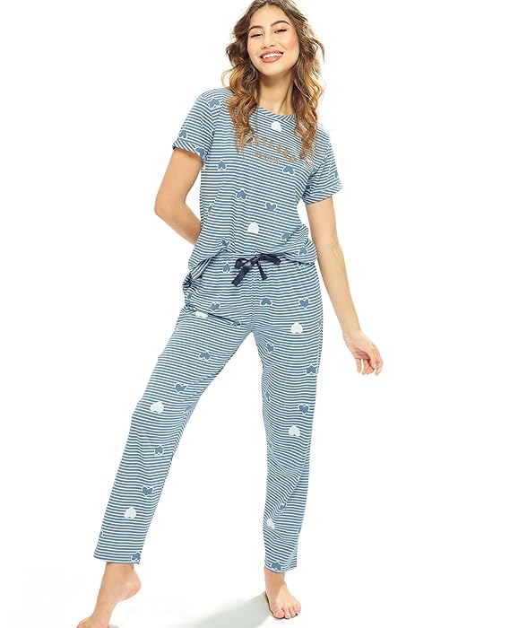 Women's Cotton Strip & Heart Printed Top & Payjama Half Sleeve Night Suit Set