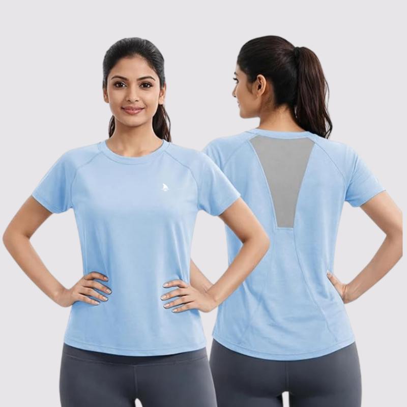 Women’s Gym T-Shirt with Mesh Back Panel | Soft Stretchable Half Sleeve Workout Top | Breathable Yoga Running Activewear Tee