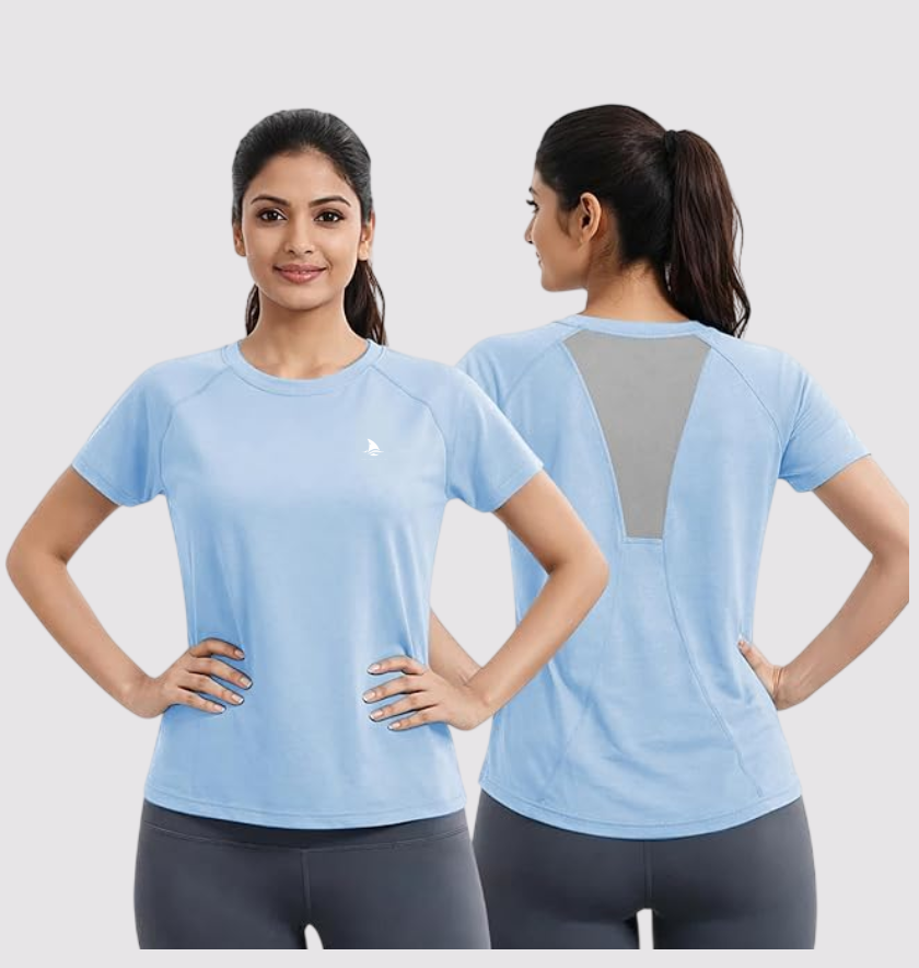 Women’s Gym T-Shirt with Mesh Back Panel | Soft Stretchable Half Sleeve Workout Top | Breathable Yoga Running Activewear Tee